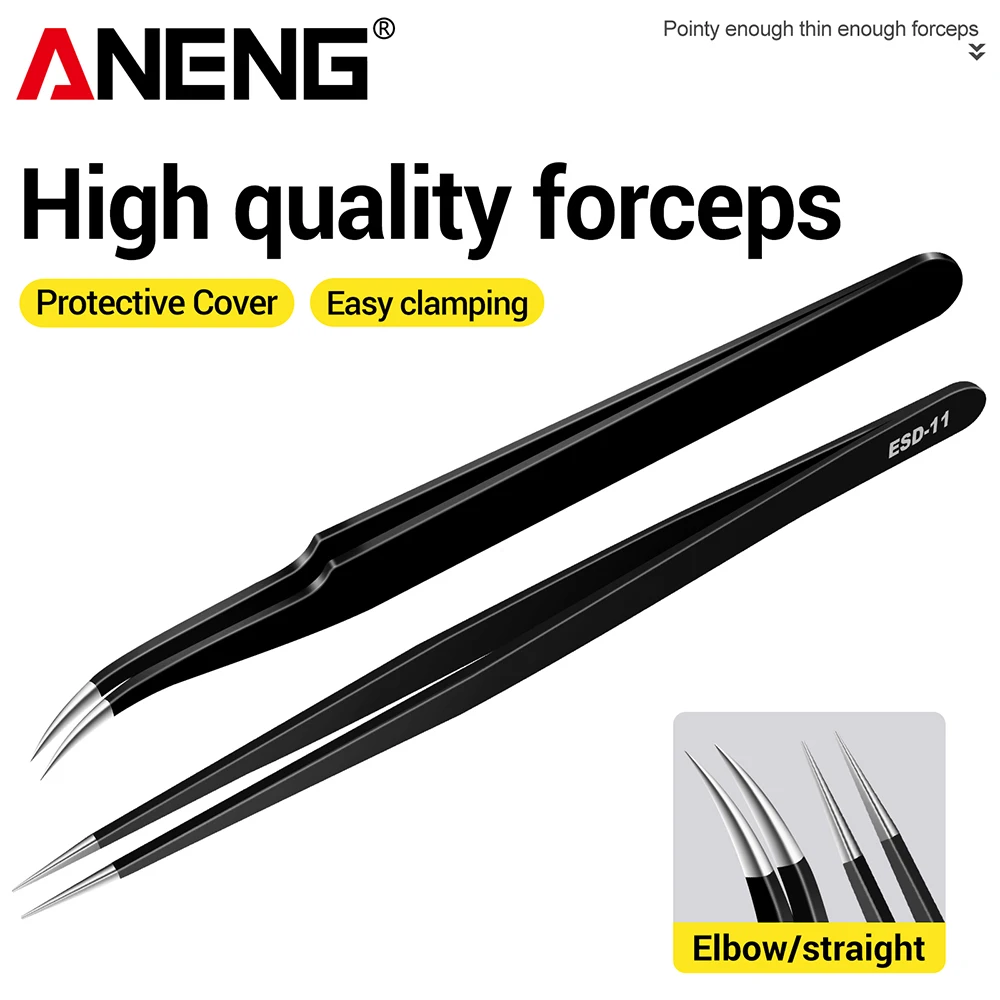 ANENG Anti-Static Elbow Straight Head Precision Tweezers Stainless Steel Electronic Maintenance Tool for Industrial Use