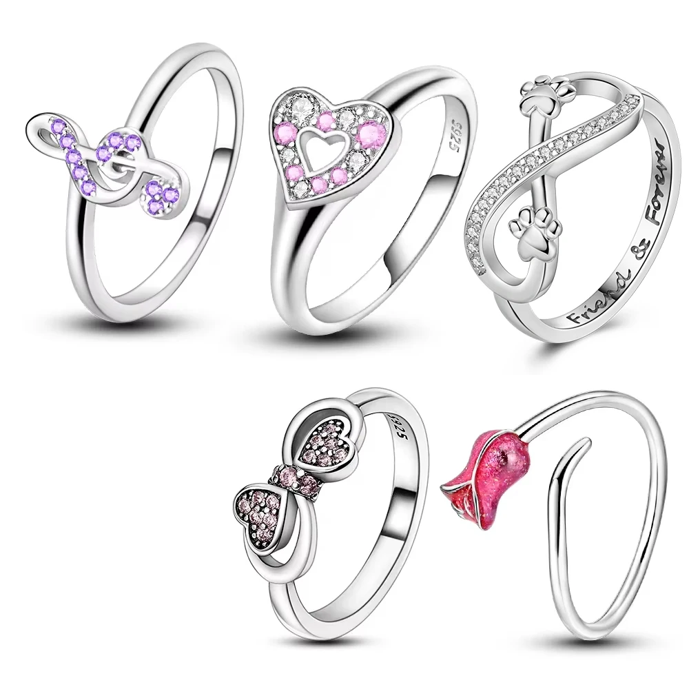 Ring Silver 925 Jewelry Cute Cat Ears Cat Claw Heart Shape Pink White Zirconium Ring Women's Ring Wedding Engagement Gift