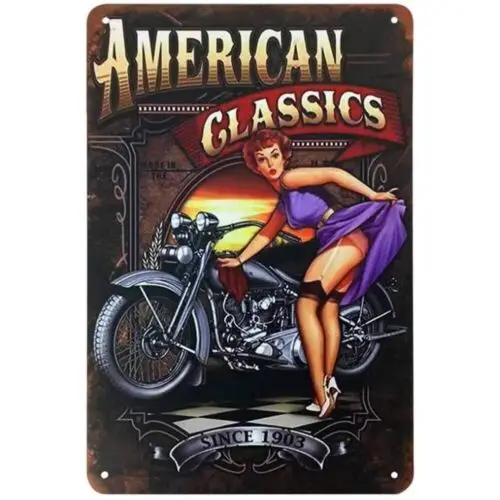 American Classics Pin-Up Girl Tin Metal Sign Motorcycle Wall Art
