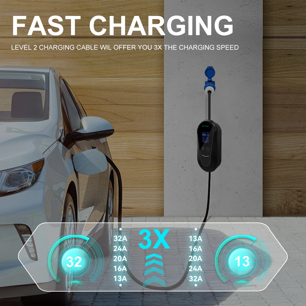 شاحن محمول 7KW 32A EV GB/T Type2 Type1 CEE Plug 3.5KW 16A للسيارات الكهربائية 4 تطبيق أوضاع التيار والتوقيت القابلة للتعديل