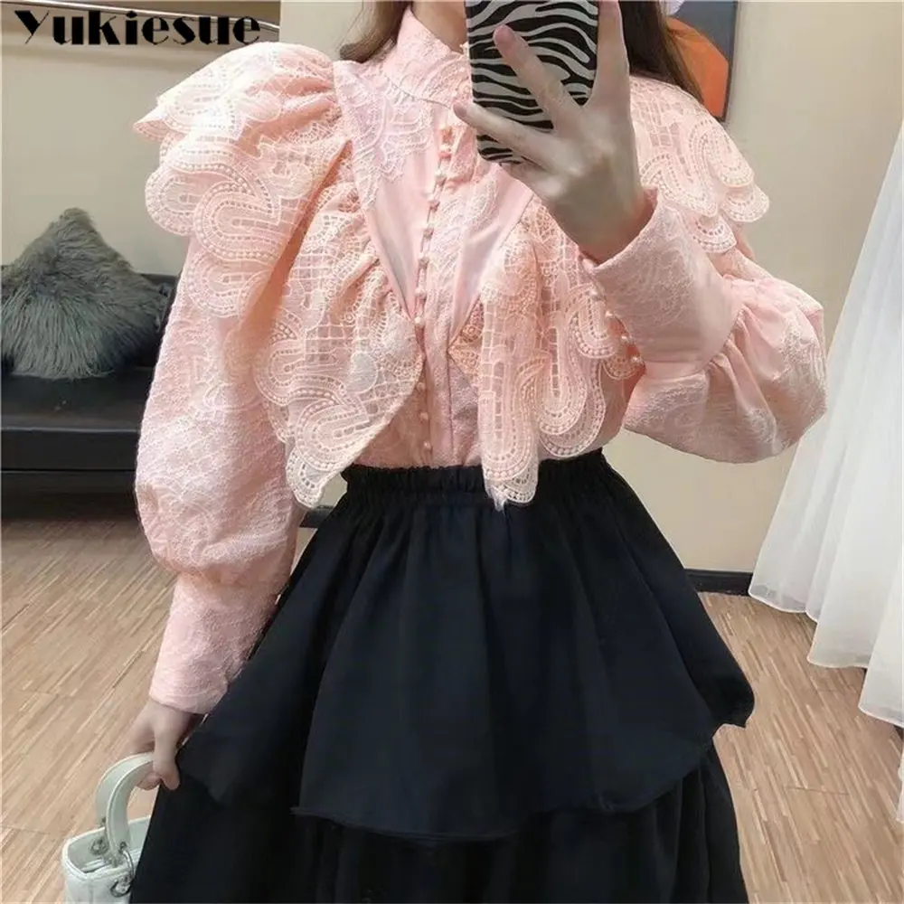 2022 Office shirts & blouses Sweet Ruffles Lace Blouse Women\'s Stand Collar Lantern Sleeve Elegant Vintage blusas Women top