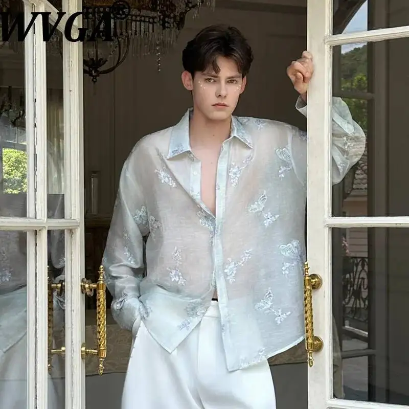 WVGA Summer New Men Luxury Floral Embroidered Trendy Long Sleeve Shirt Relaxed Collar Design Niche Slightly Sheer Top Ins W25016