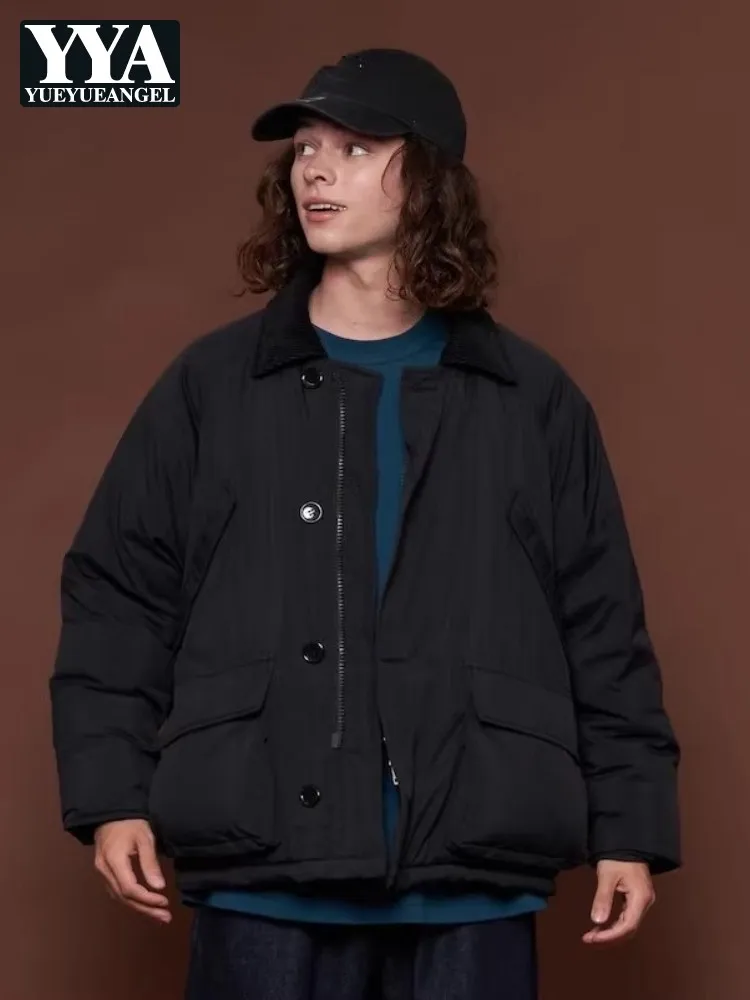 

Winter Warm Men Down Coat Unisex Puffer Jacket Retro Hunting Corduroy Collar Overcoat Pocket Single Breasted Windproof Outerwear