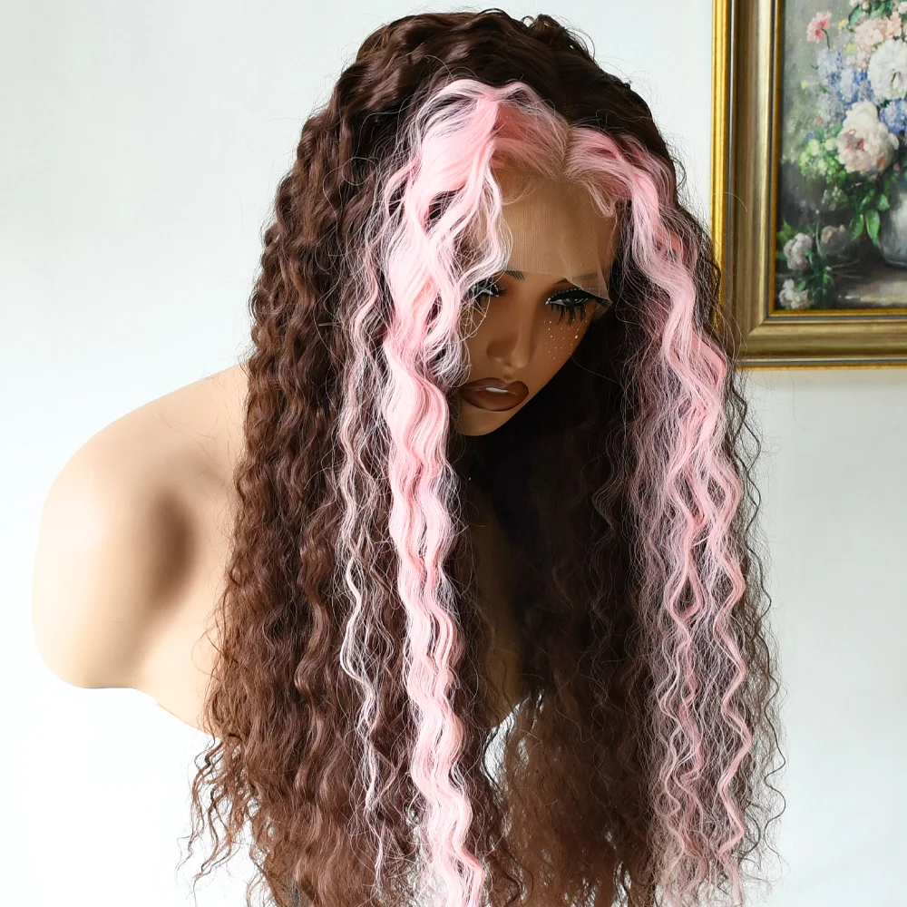 Розовый Выделите Коричневый Парик Прозрачный Кудливый Парик Фронта Шнурка Розовый Коричневый Глубокая Волна 13x4 Hd Парик Фронта Шнурка Синтетический Для Женщин