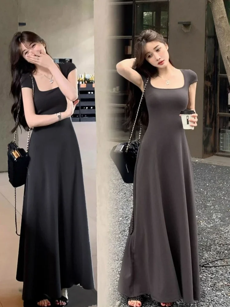 PTKPCC New Summer Waist-fitted Elegant French Style Women's Grey Short Sleeve Tank Dress Long Dress  Sexy Dress 