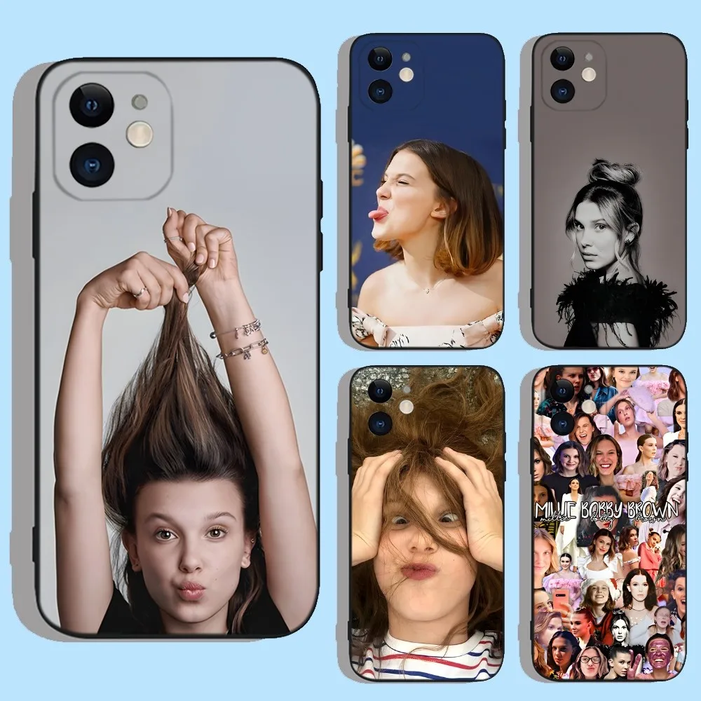 M-Millie Bobby Brown Phone Case For Apple iPhone 15,14,13,12,11,XS,XR,X,8,7,Pro,Max,Plus,mini Silicone Black Cover