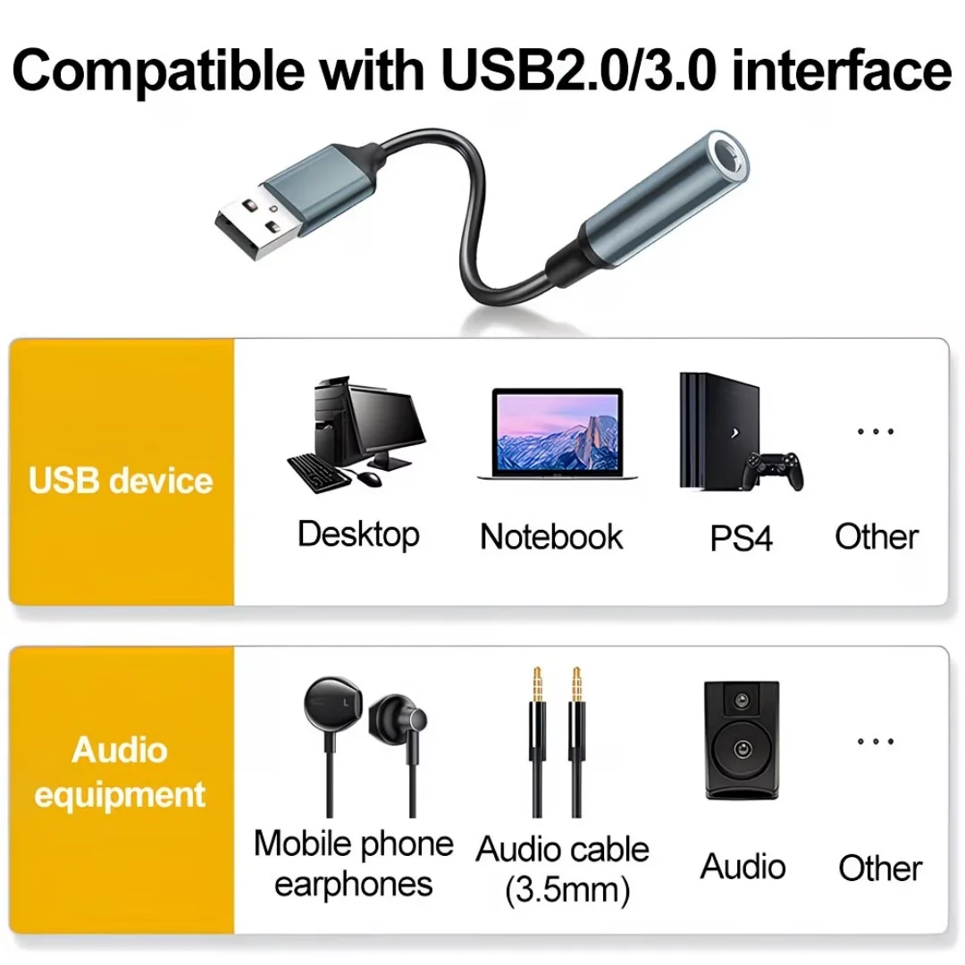 Adaptador de Áudio USB Externo com Conector Fêmea de 3.5mm para PC e Laptop, Adaptador de Som para Fones de Ouvido e Microfone, Cabo de Áudio USB para 3.5mm