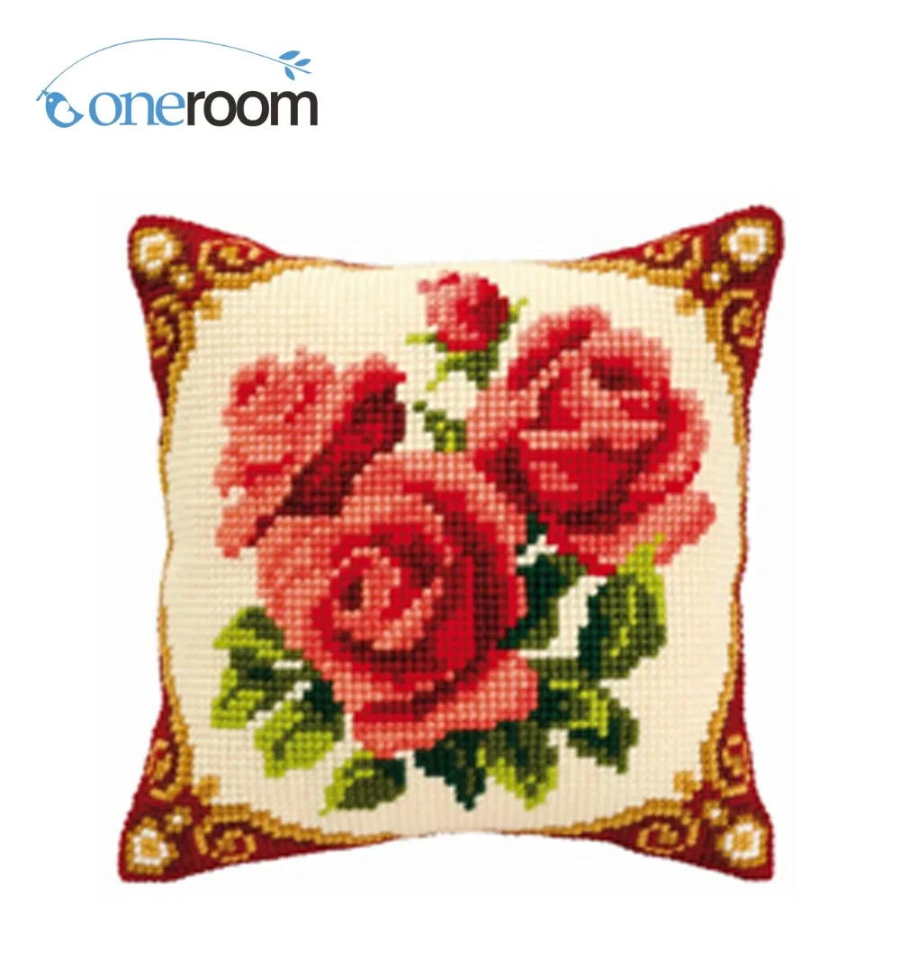 

Red roses Needlework Kit Unfinished Acrylic Yarn Embroidery Pillow Tapestry Canvas Cushion Front Cross Stitch Pillowcase