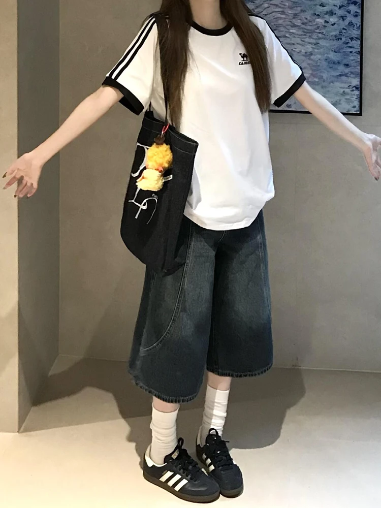 Sweet Cool Denim Shorts Women's Summer New Washed Loose Straight Leg Wide Leg mid Pants High Waist Pocket Soft Denim Fabric