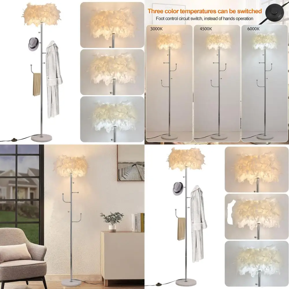 

Modern Metal Floor Lamp with 5-Hook Coat Rack, Chrome Finish, for Living Room and Bedroom