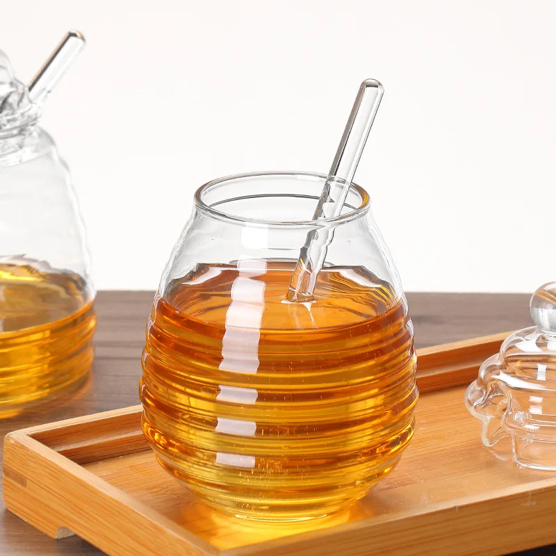 Glass Honey Jar Clear Glass Honey Pot with Dipper Spoon Small Kitchen Storage Bottle Jar Honey Server Container for Syrup