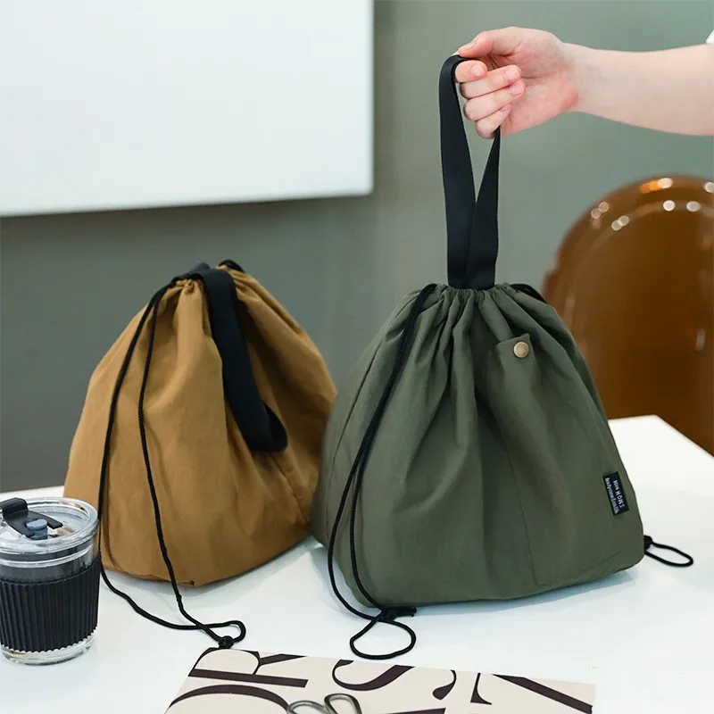 Canvas Lunch Bag Solid Color Drawstring Portable Insulated Thermal Bento Bag for Office Workers, Students Outdoor Picnic Storage
