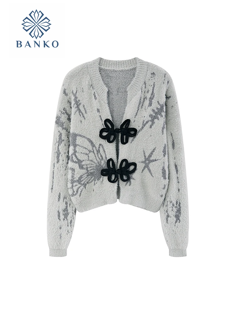 

French Elegance Vintage Court Bufferfly Knitwear Cardigan Autumn Winter Sweater Female Loose V-Neck Chic Jumper 2000s Aesthetic