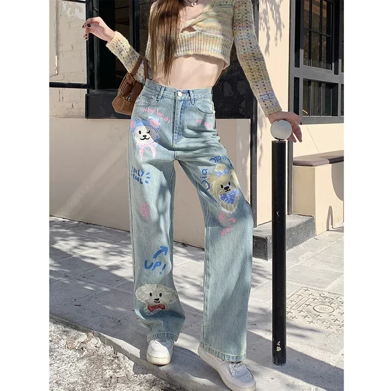 American Cartoon Graffiti Print Wide-leg Jeans Women Loose High Waist Thin Straight Pants Casual Trailing Pants Female