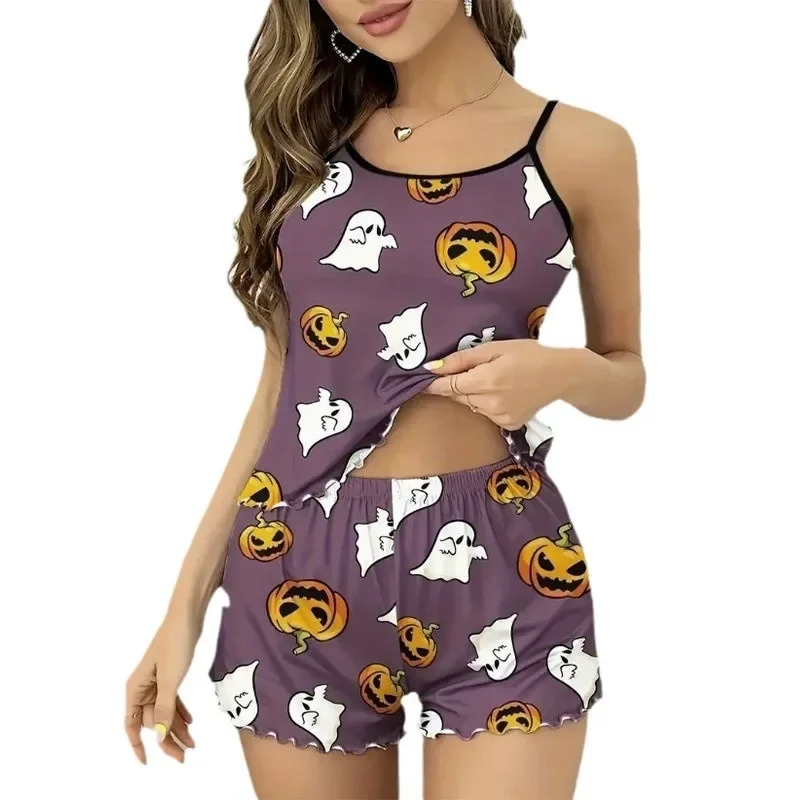 Halloween Pumpkin Printed Pajama Set Sleeveless Top Shorts Home Clothes Set Sexy Sleepwear L