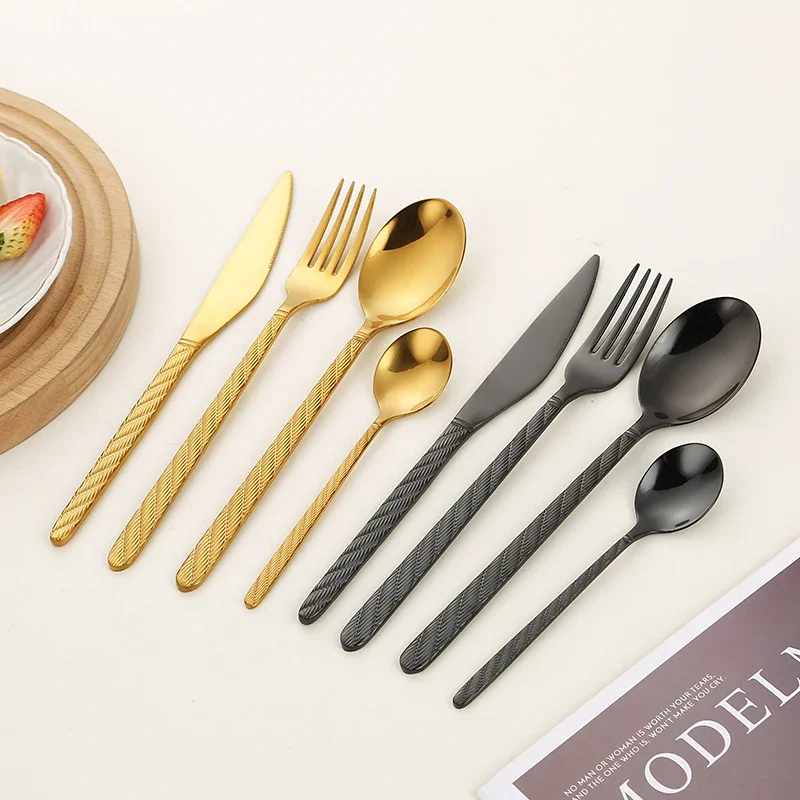 16/24pcs Stainless Steel Cutlery Set Knive Fork Spoon Hemp Rope Handle Dinnerware Tableware Dishwasher Safe Hotel Dinner Party
