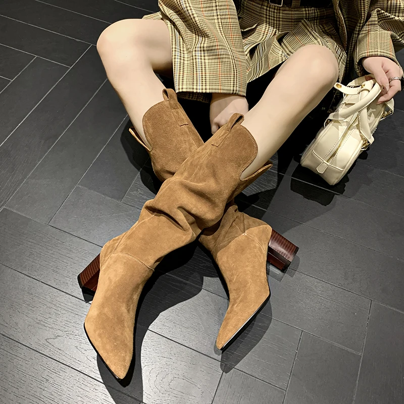 Mid Calf High Boots Slip On Pointed Toe Spring Autumn Woman Cowsuede Boots Chunky Heel Western Boots Cowgirl Fashion Botas