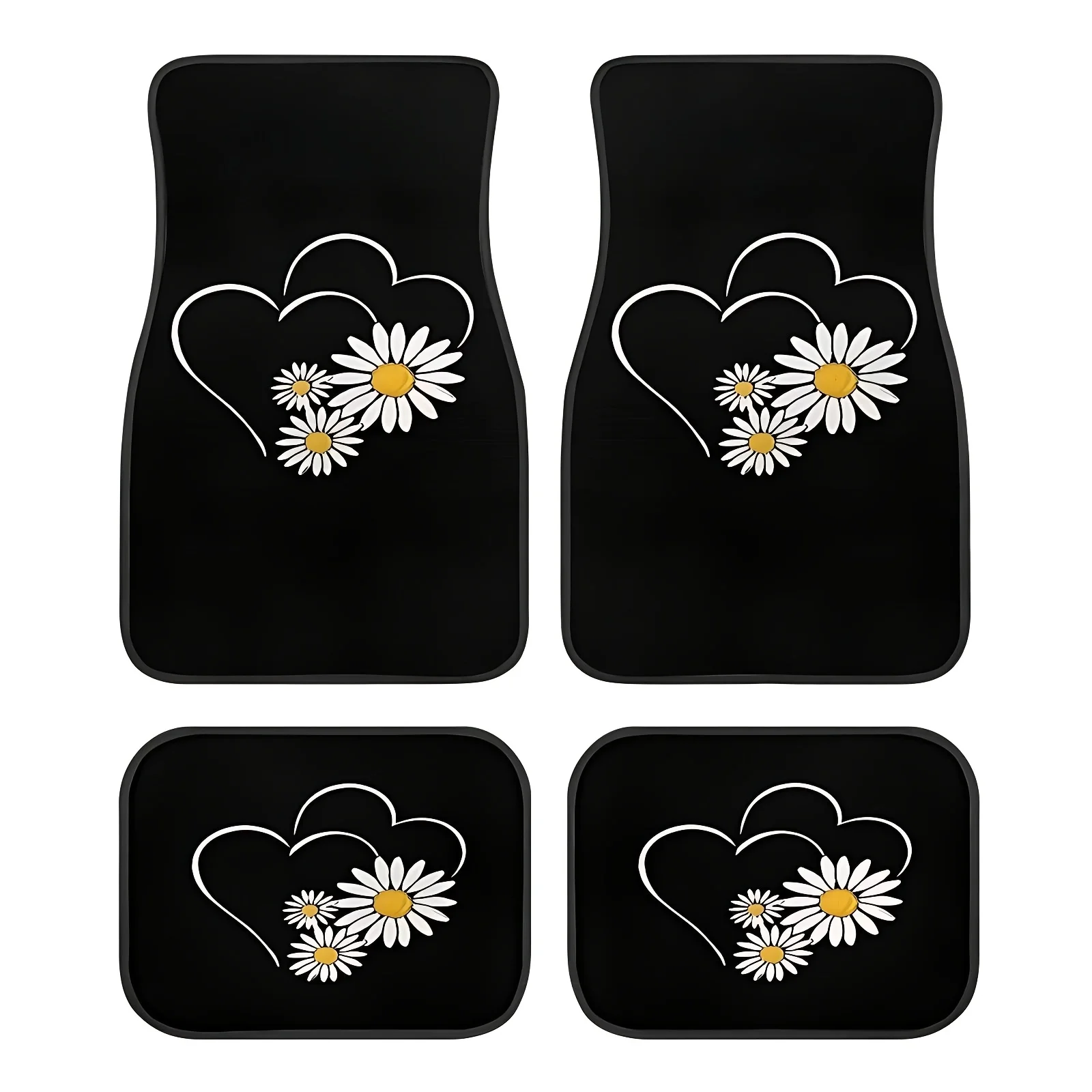 4pcs Heart & Daisy Car Floor Mats Compatible For All - All-Weather Non-Slip Auto Floor Liners With Daisies, Front/Rear, Unisex V