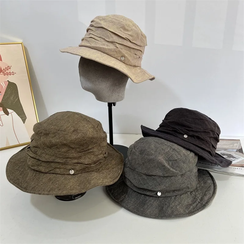 

Японский дизайн, стильная удобная дышащая шляпа из 100% льна, модная винтажная кепка-ведро с морщинами, унисекс, весенне-летняя шляпа от солнца, дорожные шляпы