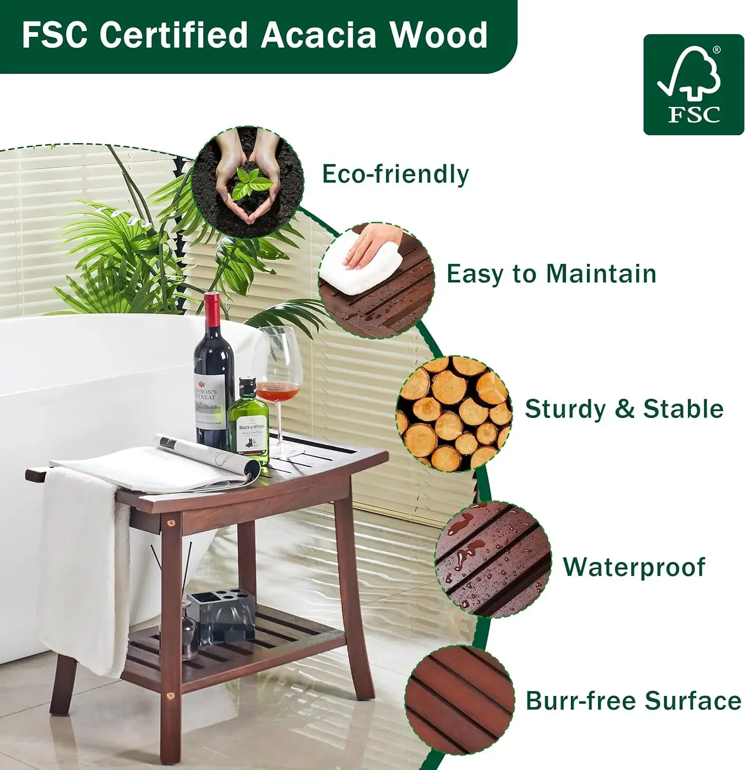 Banco de ducha de madera de acacia con estante de almacenamiento, taburete de ducha para ducha interior, asiento de baño impermeable para Spa