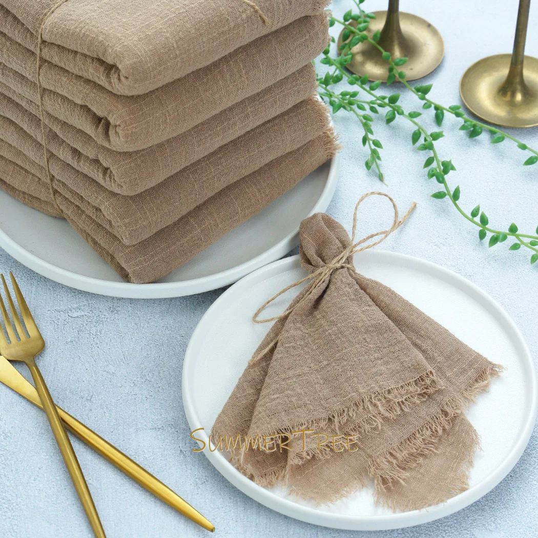 50pcs 32x32cm Khaki Brown Gauze Cotton Napkins Retro Burrs Napkin Cloth Vintage Wedding Party Christmas Table Decor Wholesale