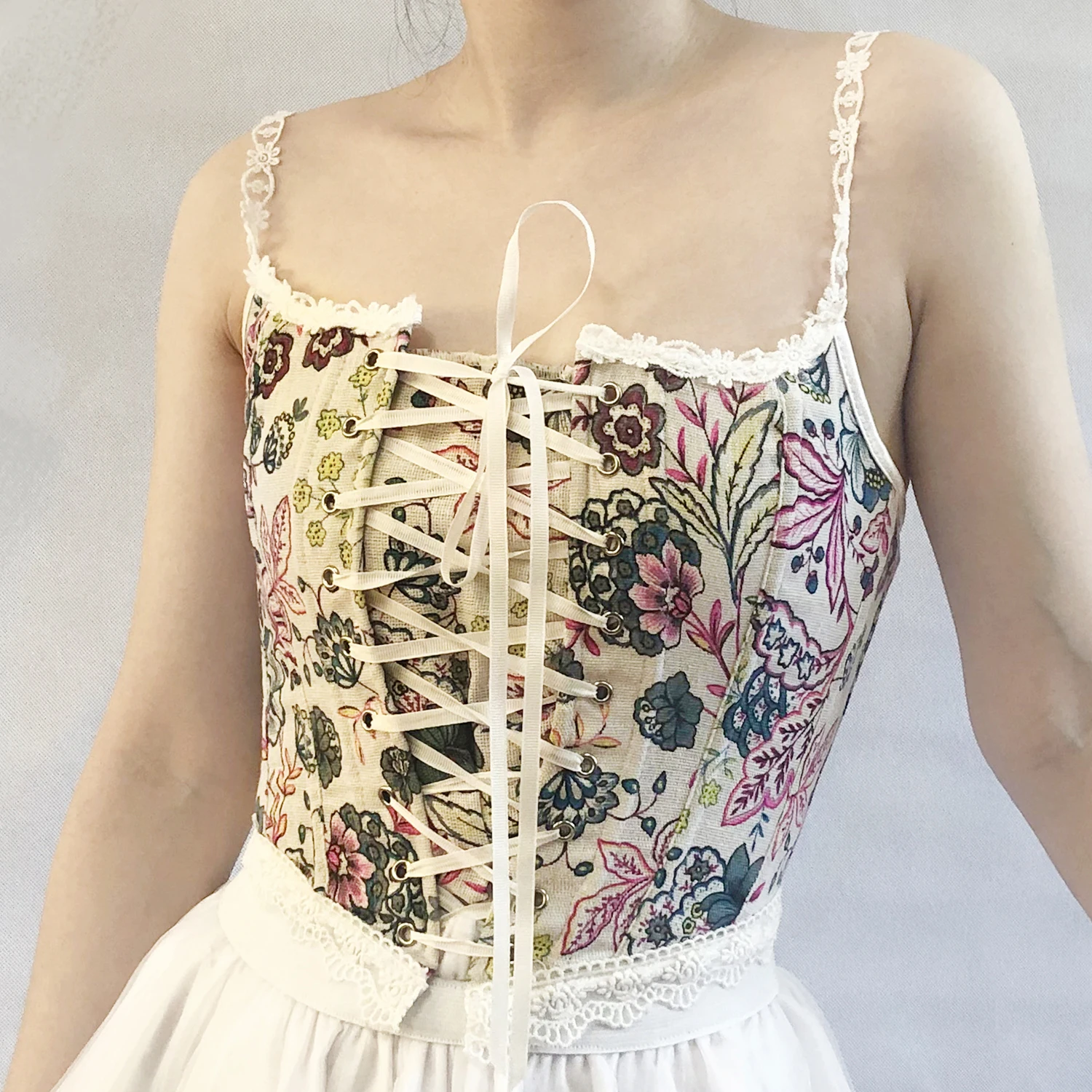 

Spring Summer Tanks&Camis Fashion Strappy Blouse Vest Floral Printed Lace Up Bustier Crop For Women Camisole Corset Tops