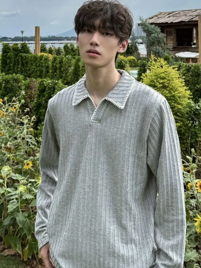 

American Style Lazy Knitted Shirt Collared Sweater for Men Casual Loose Fit Long Sleeve Polyester Fiber High Intelligenc...