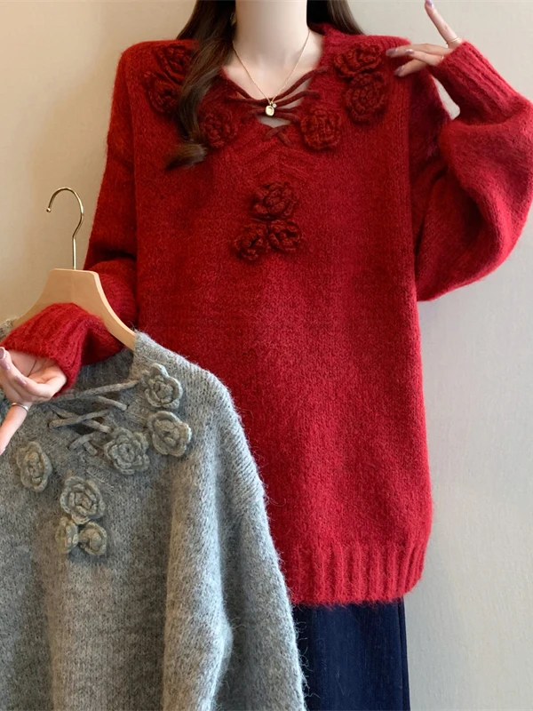 여성용 루즈 니트 스웨터 플로럴 디자인 가을 겨울 패션 플러스 사이즈 슬림핏 탑 캐주얼 스타일 라운드 넥 긴팔