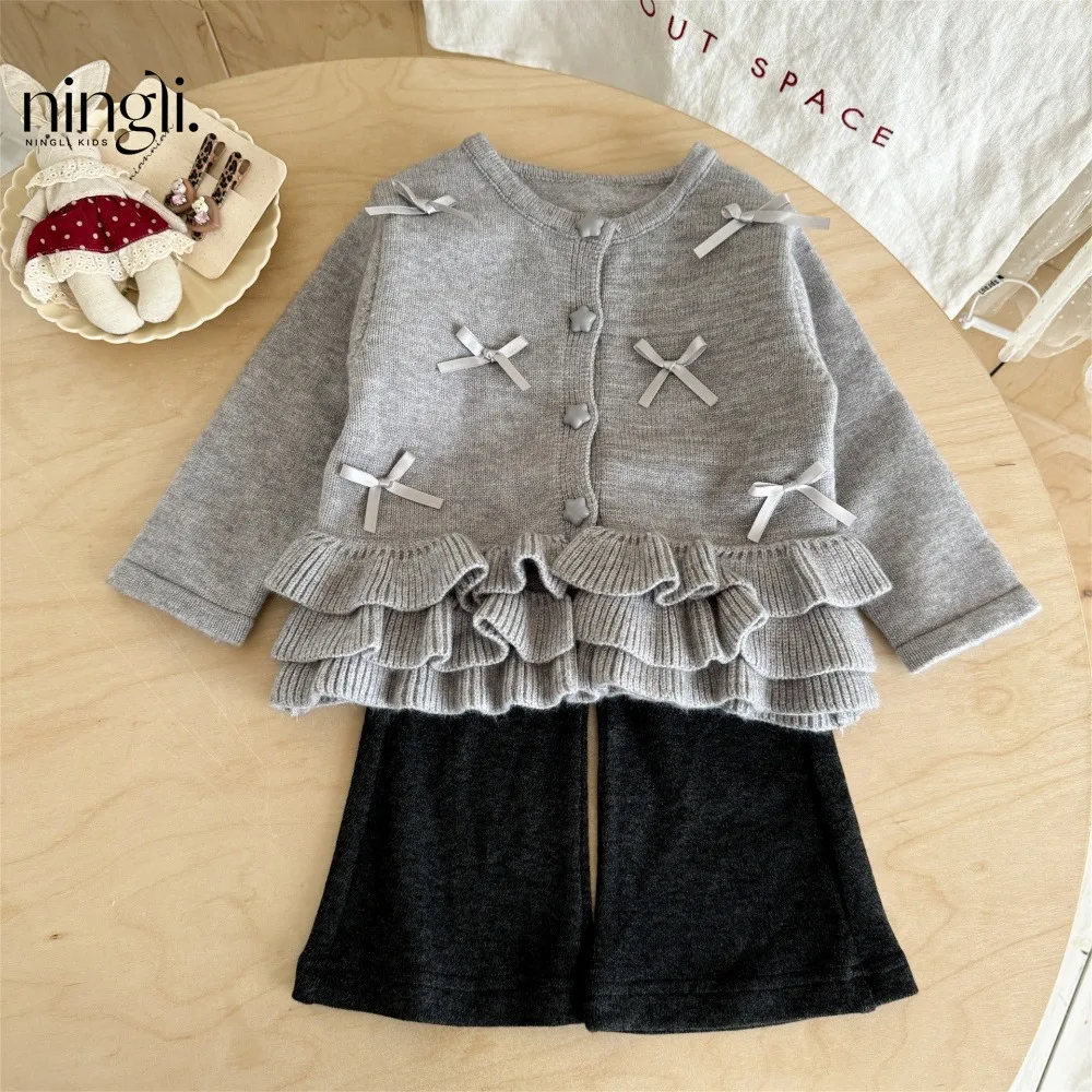 Gray Ruffle Hem Knit Sweater Coat For Baby Girls, Cute Bow Decor Long Sleeve Knit Cardigan For Little Girls for 90-140cm