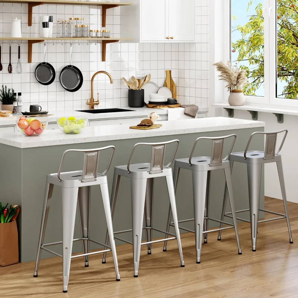مجموعة مقاعد بار معدنية فضية داخلية/خارجية مكونة من 4 قطع، كراسي ذات ارتفاع مضاد للحانات وجزر المطبخ #3
