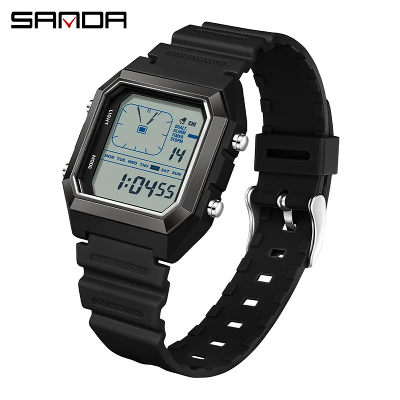 SANDA New 6307Multi functional Electronic Watch Men's 5ATM Waterproof, Shockproof, and Fall proof Fashionable Square Youth Watch