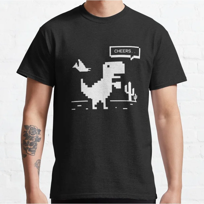 Cheers Dino video game offline pixel t rex Funny 90s cartoon dinosaur Short-sleeve crewneck T-shirt large size Adult Tops S-6xl