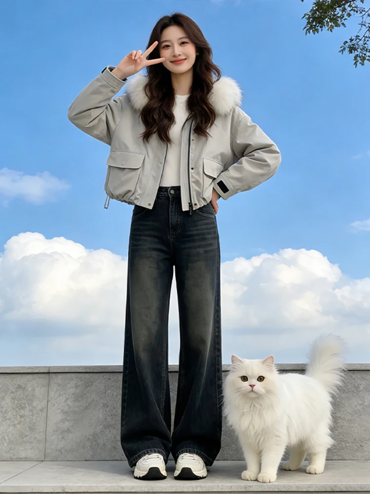 

Новая женская зимняя куртка Pike Down Cotton Jaet свободного кроя с большим меховым воротником, в корейском стиле, для работы и повседневной носки