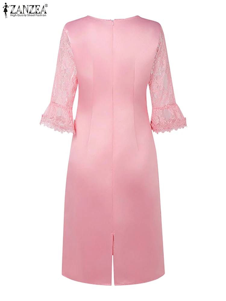 ZANZEA Elegant Women Office Lace Dress 2025 Summer Satin Knee-length Sundress Robe Casual 3/4 Sleeve Solid Party Vestidos Femme