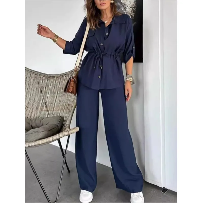 Fashionable Casual Women's Spring Drawstring Patch Pocket Long-sleeved Top + High-waisted Trousers Two-piece Set