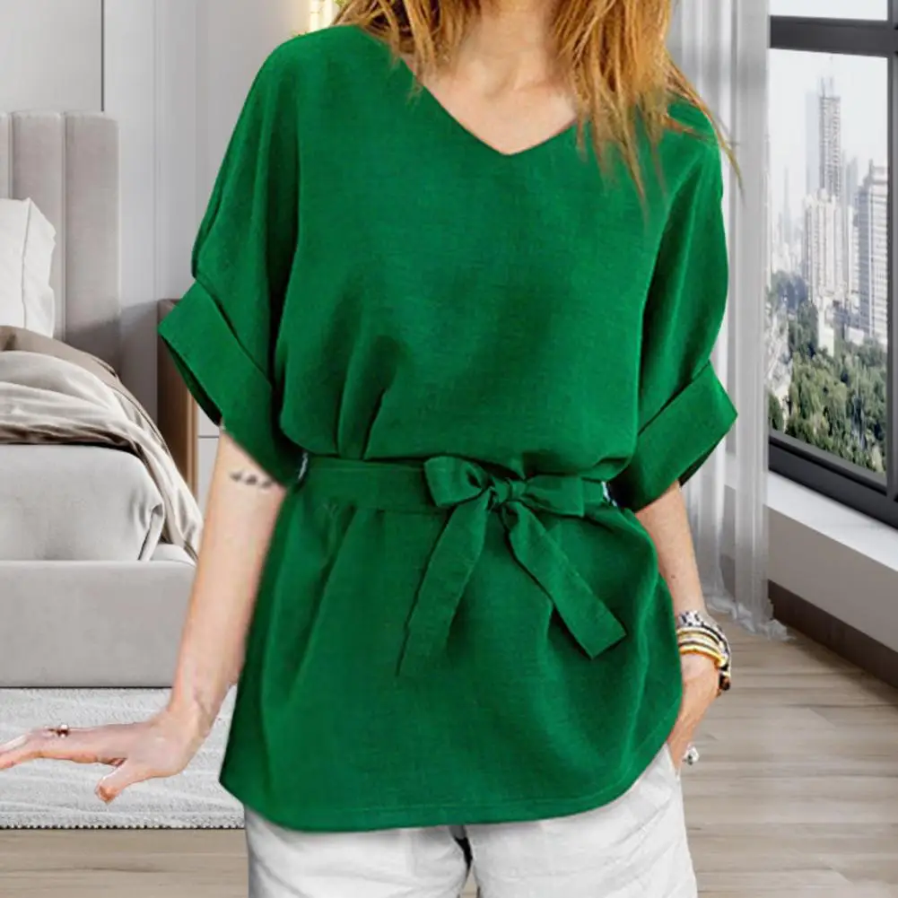 Women Tops Solid Color Belt V Neck Batwing Sleeves Short Sleeves Summer Blouse Casual Pullover T-shirt Daily Clothes