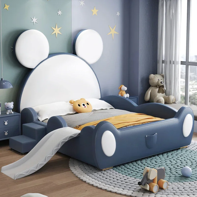 Cartoon child Boy bed Italian minimalist Mickey Mouse Pink Girl with guardrail slide Blue single leather bed