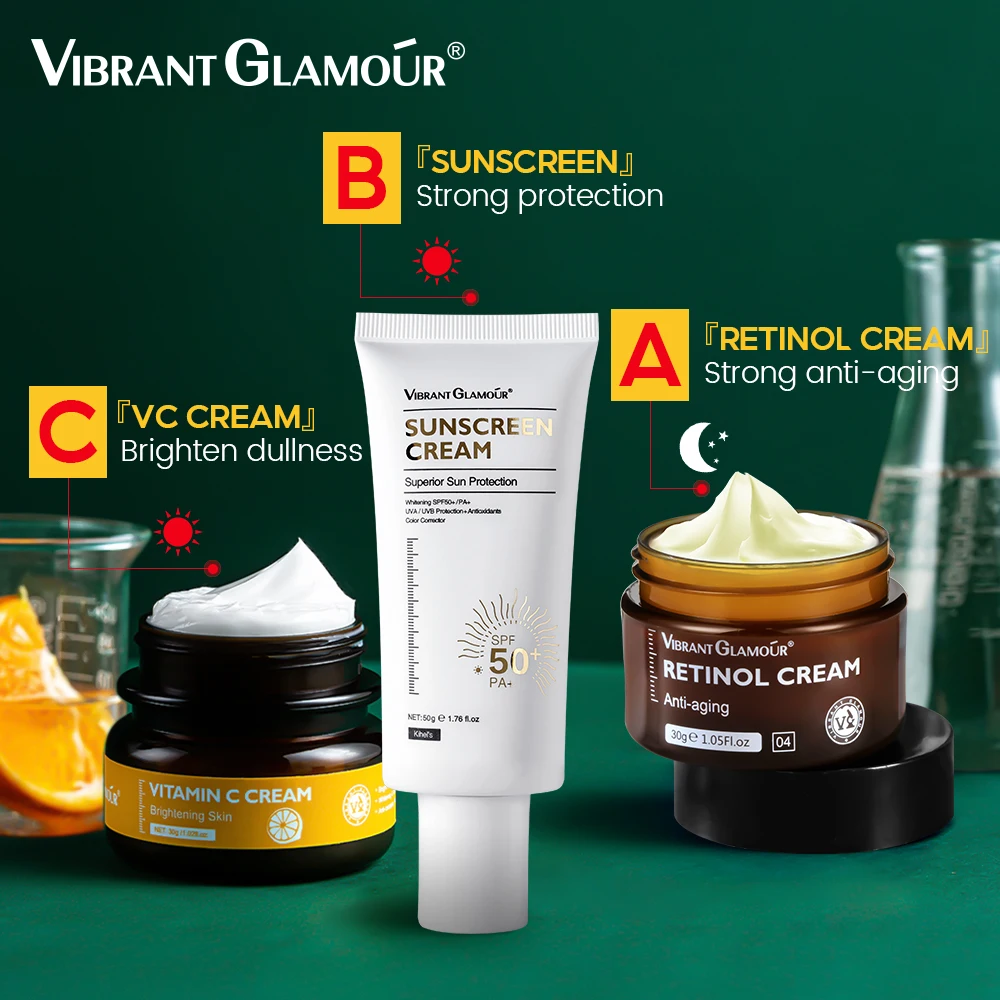 VIBRANT GLAMOUR Retinol Face Cream VC Sunscrean Moisture Cream 3PCS/Set Anti-Aging Firming Whiten Brighten Facial Skin Care