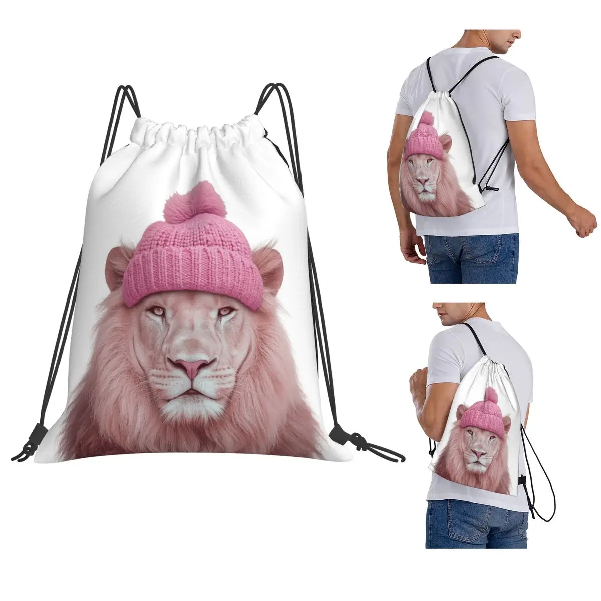 Pink Lion Wearing Pink Winter Hat Backpacks Fashion Drawstring Bags Sports Bag Book Bags for Travel School