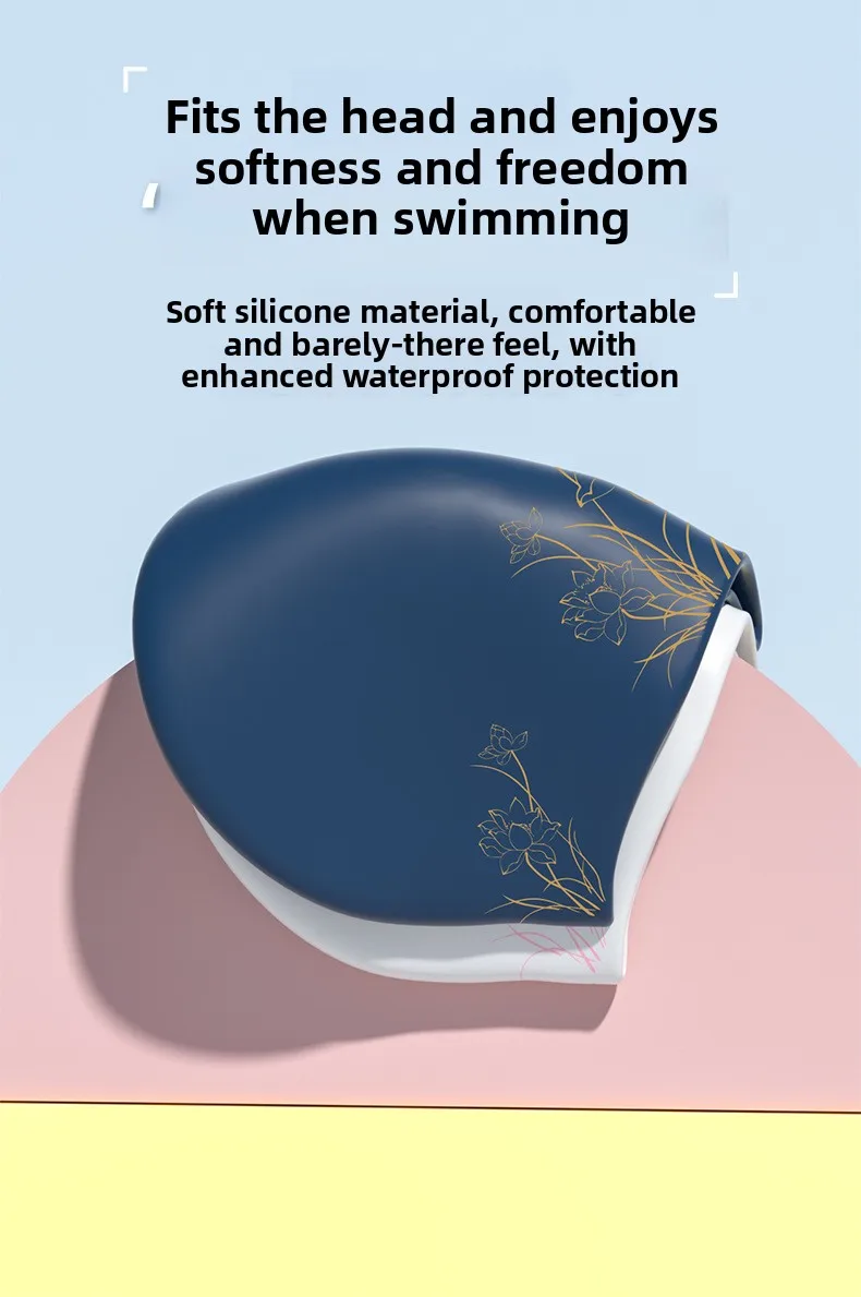 Badekappe mit Lotus-Aufdruck für langes Haar für Damen, wasserdichte, vergrößerte Badekappe aus Silikon, Ohrenschutz-Badekappen, 2 Farben – Detail 3