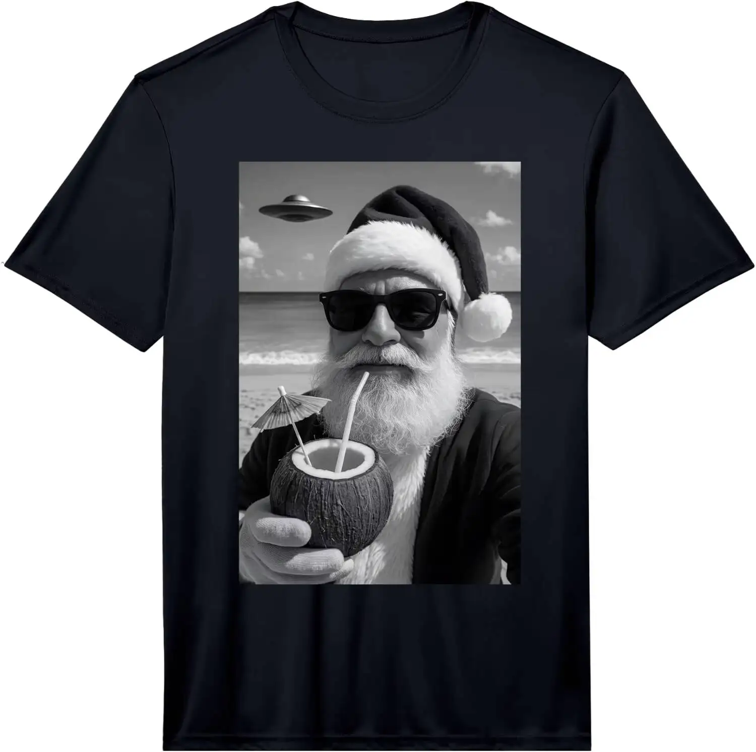Funny In July Santa Beach Selfie UFO Performance T-Shirt Summer Short-Sleeved Breathable Sweat-Wicking Versatile 100% Cotton