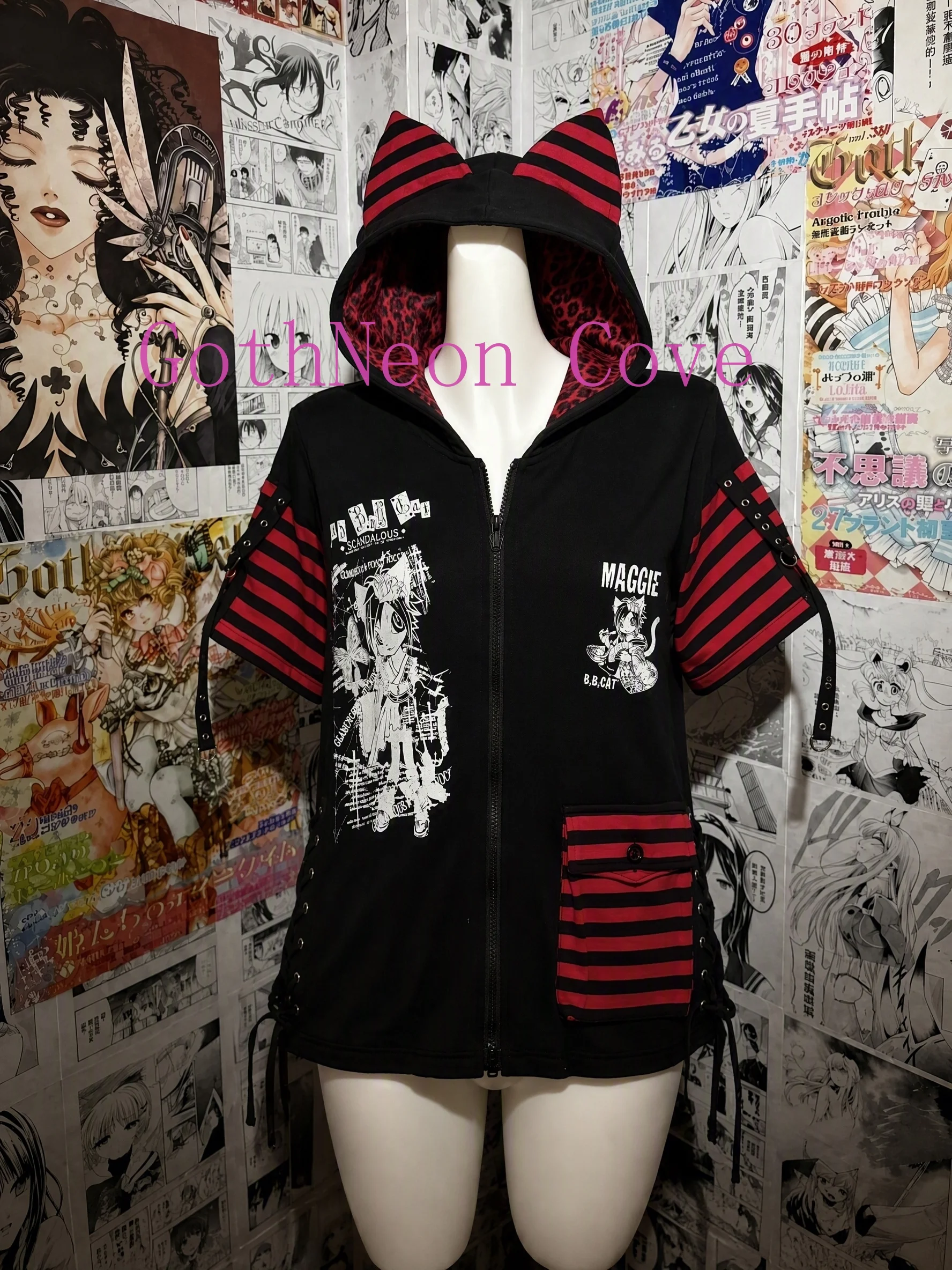 Japanese Dark Gothic Subculture Jacket Women Cartoon Printed Heavy Craft Hooded Shirt Coat Harajuku Y2K Jirai Kei Striped Coat