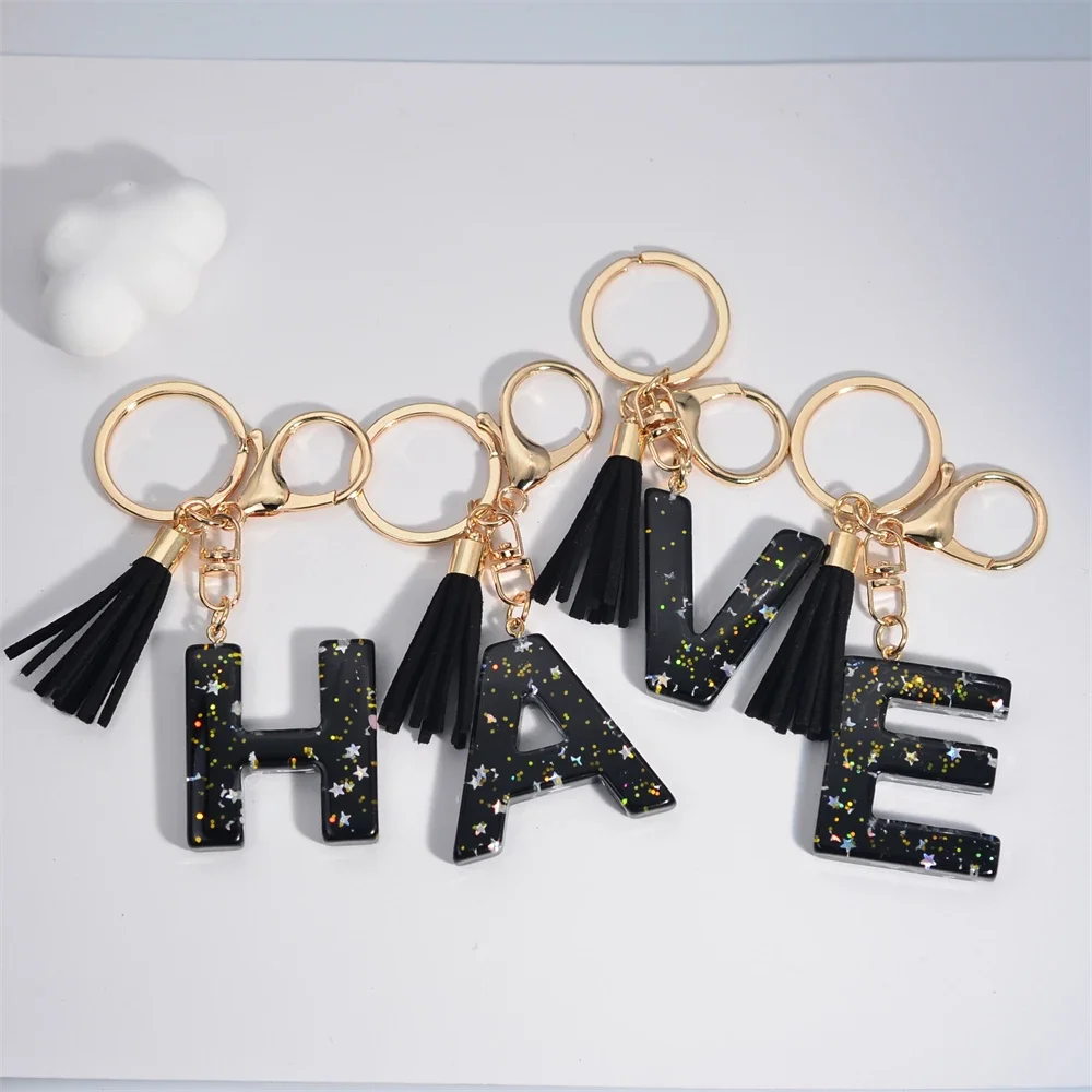 Mystery Black 26 Letters Key Chain Shine Stars Sequins Resin Keyring For Car Holder Tassel Keychains Women Handbag Charms