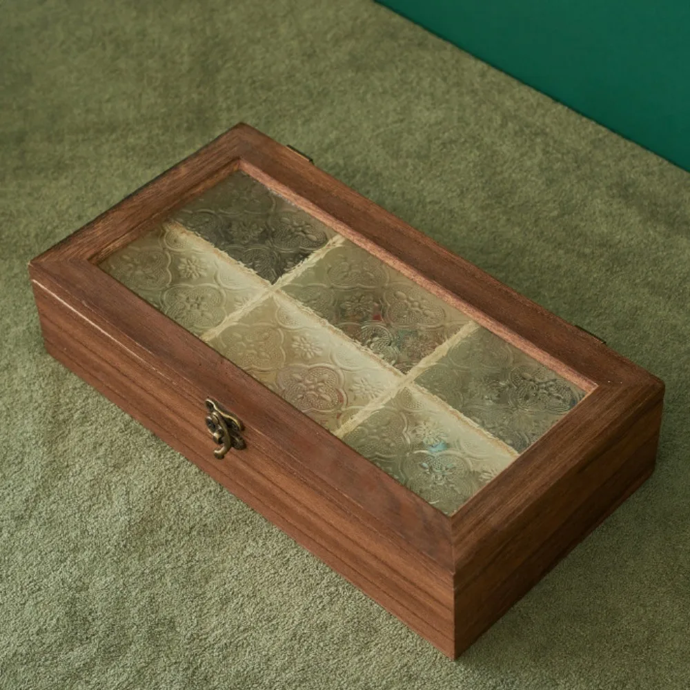 خمر صندوق تخزين المجوهرات الخشبية كرابابل زهرة غطاء زجاجي مزخرف صندوق مجوهرات سطح المكتب فرز غطاء الوجه #3