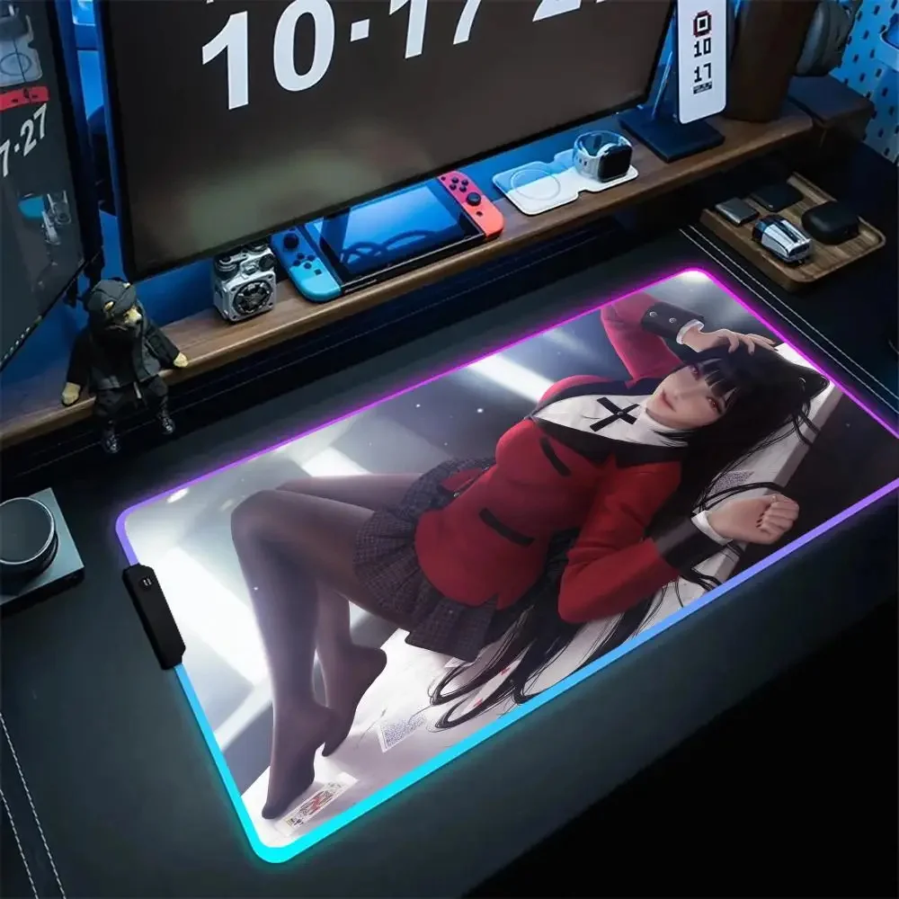 Hot K_kakegurui Y_yumeko J_jabami RGB Mouse Pad Anime High Definition Printing Desk Pad Luminous Desk Mat Teclado Gamer Pad