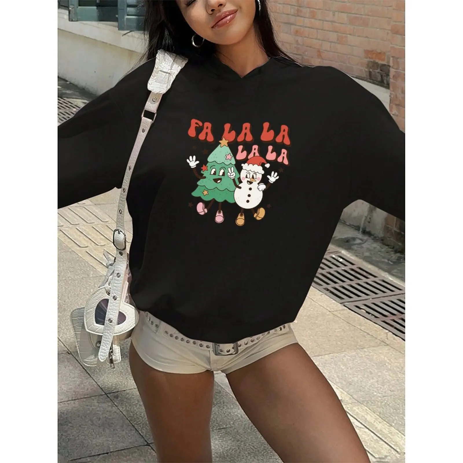 المرأة البلوز فضفاض البلوز هوديس الشتاء عارضة المطبوعة نمط نسيج مريح عيد الميلاد Falala سترة طويلة الأكمام