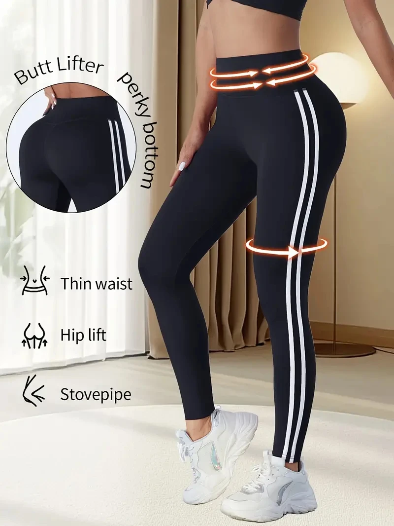 Side stripe two-bar printed slim-fit women's yoga fitness pants for outdoor running, high-waisted tummy control shaping leggings