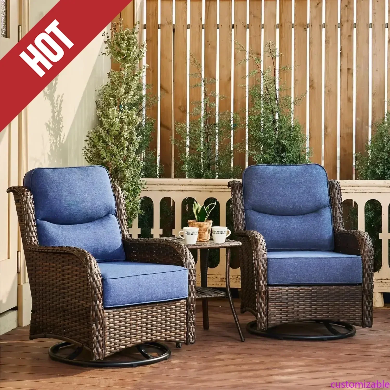 

Набор садовой мебели с регулируемыми подушками толщиной 6 дюймов и приставным столиком, роскошные уличные вращающиеся кресла-качалки с высокой спинкой