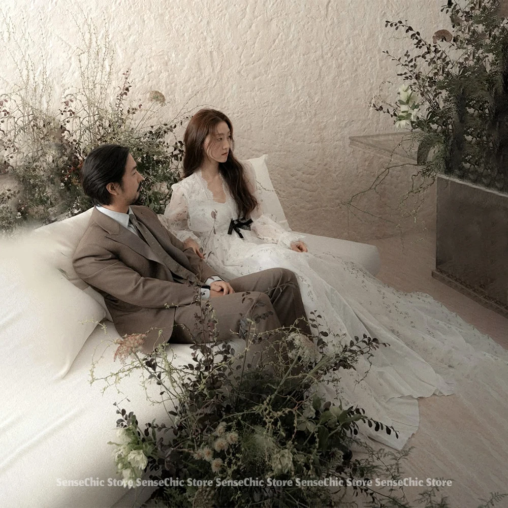 2025 Wedding Dresses Korea Simple Long Sleeve Tulle Photo Shoot Formal Bridal Gowns Tiered Puffy Reception Dress Customized