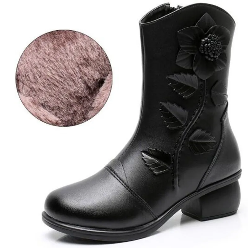 الفاخرة النساء أحذية امرأة اليدوية خمر جلد طبيعي أحذية بكعب منخفض جولة تو جودة عالية الشتاء موضة منتصف العجل الأحذية #4